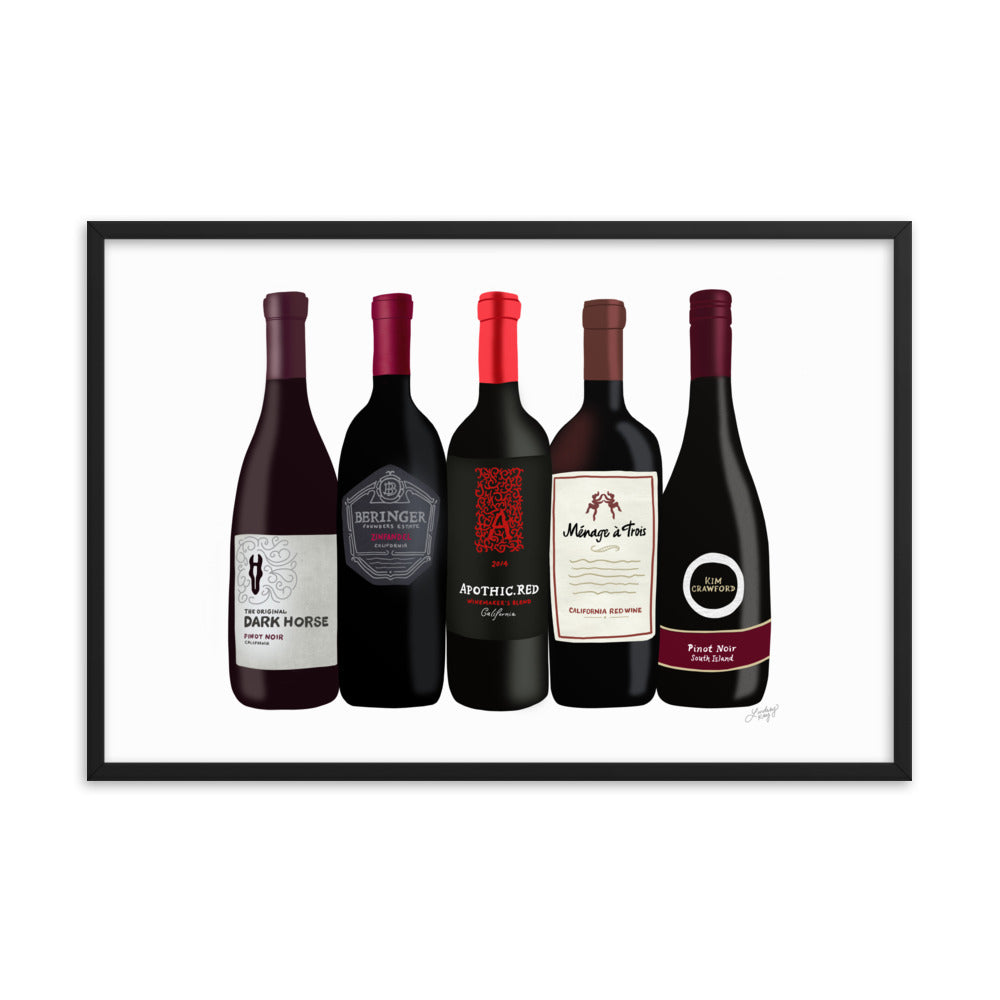 Red Wine Bottles Illustration - Framed Matte Print